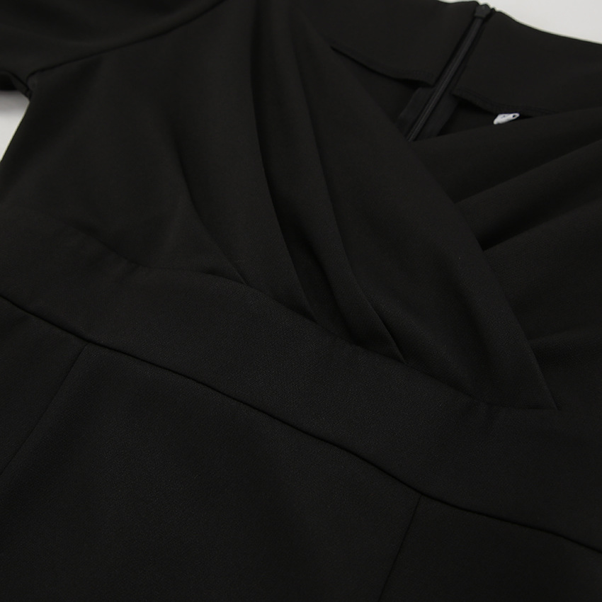 Autumn Winter Sexy Mysterious V neck Long Sleeve Office Pleated Slim Fit Slit Classic Dress Black Dress