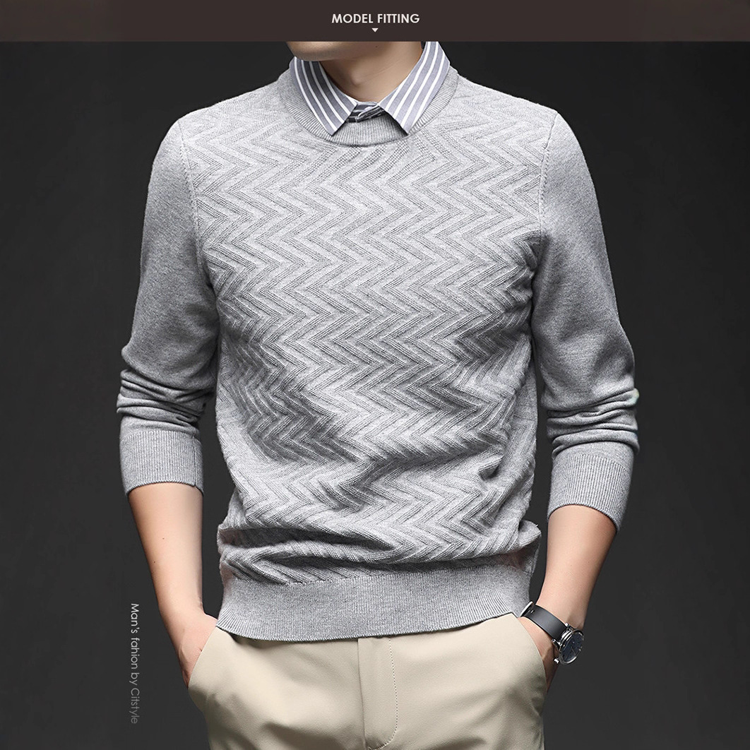 Suéter de hombre con solapa jacquard otoño y invierno viejo dinero falso dos piezas casuales simple fundación de manga larga jersey de punto