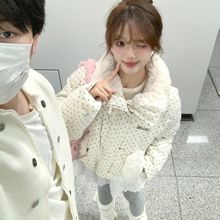 甜美温柔风波点毛领羽绒棉服女冬季新款韩系加厚保暖短款棉衣外套