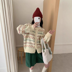 韩系古着感费尔岛提花毛衣开衫外套女秋冬新款慵懒软糯宽松针织衫