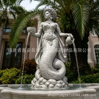 别墅花园人物水景喷泉厂家定制欧式大理石美人鱼喷泉雕塑