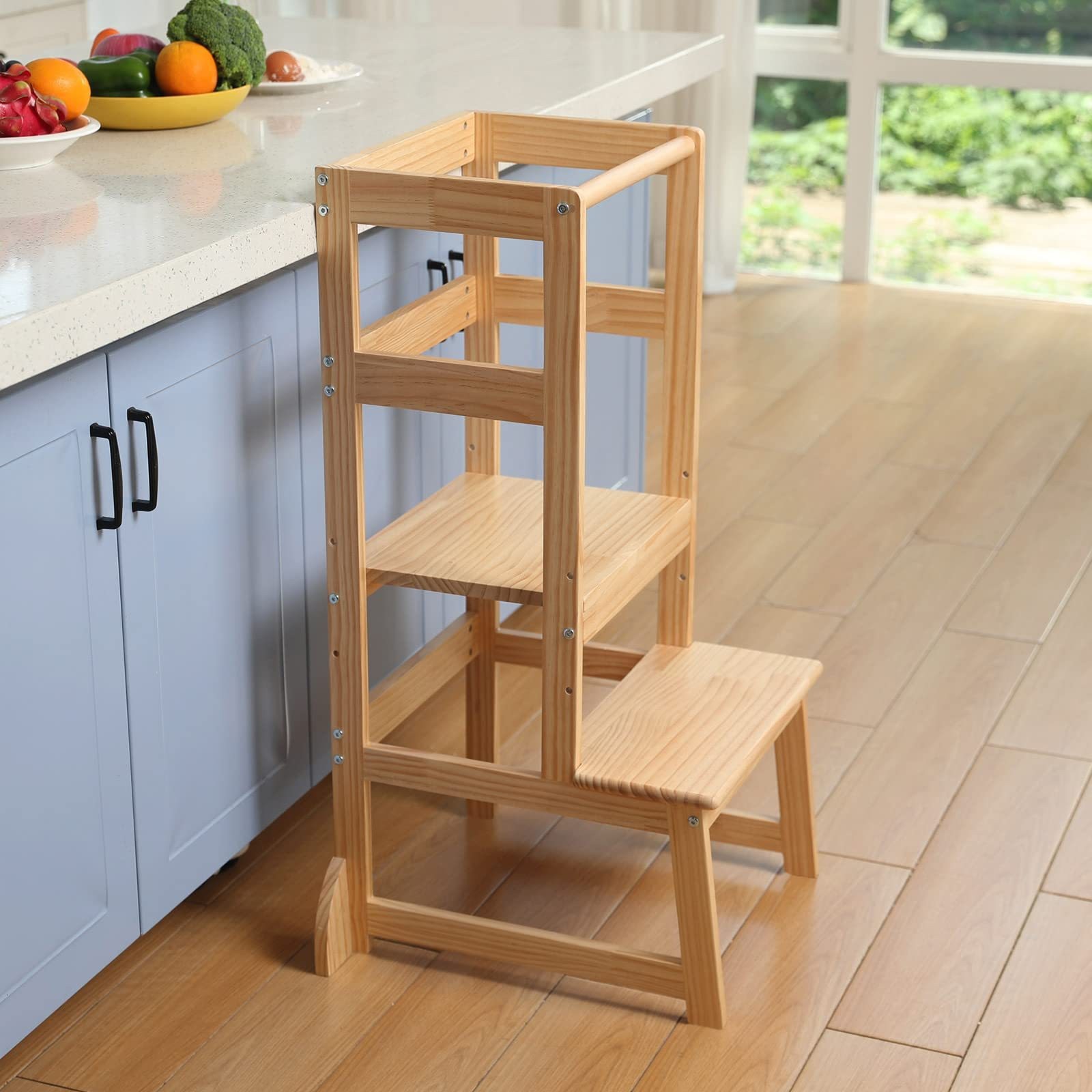 Taburete de baño para niños, taburete para bebés, escalones de lavado de manos, taburete de pies con pasamanos, torre de aprendizaje anti-rollback, madera image 3