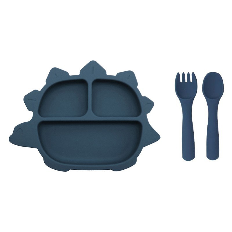 실리콘 [익룡 디너 접시 + 원형 손잡이 포크와 스푼] Vast Blue