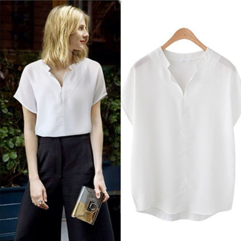 in stock Explosions Loose All-match Short-sleeved T-shirt Women's Top Solid Color Chiffon Shirt Collar Summer Women's Clothing