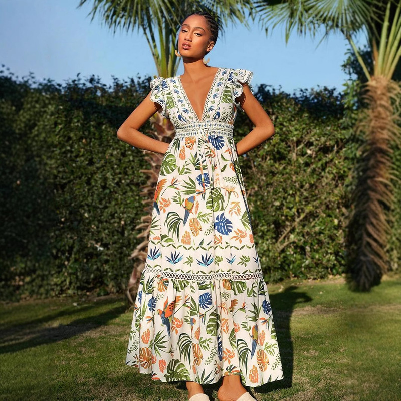 2025 V-Neck Tropical Floral Print Ruffled Sleeves Leisure Holiday Women's Summer Season dress