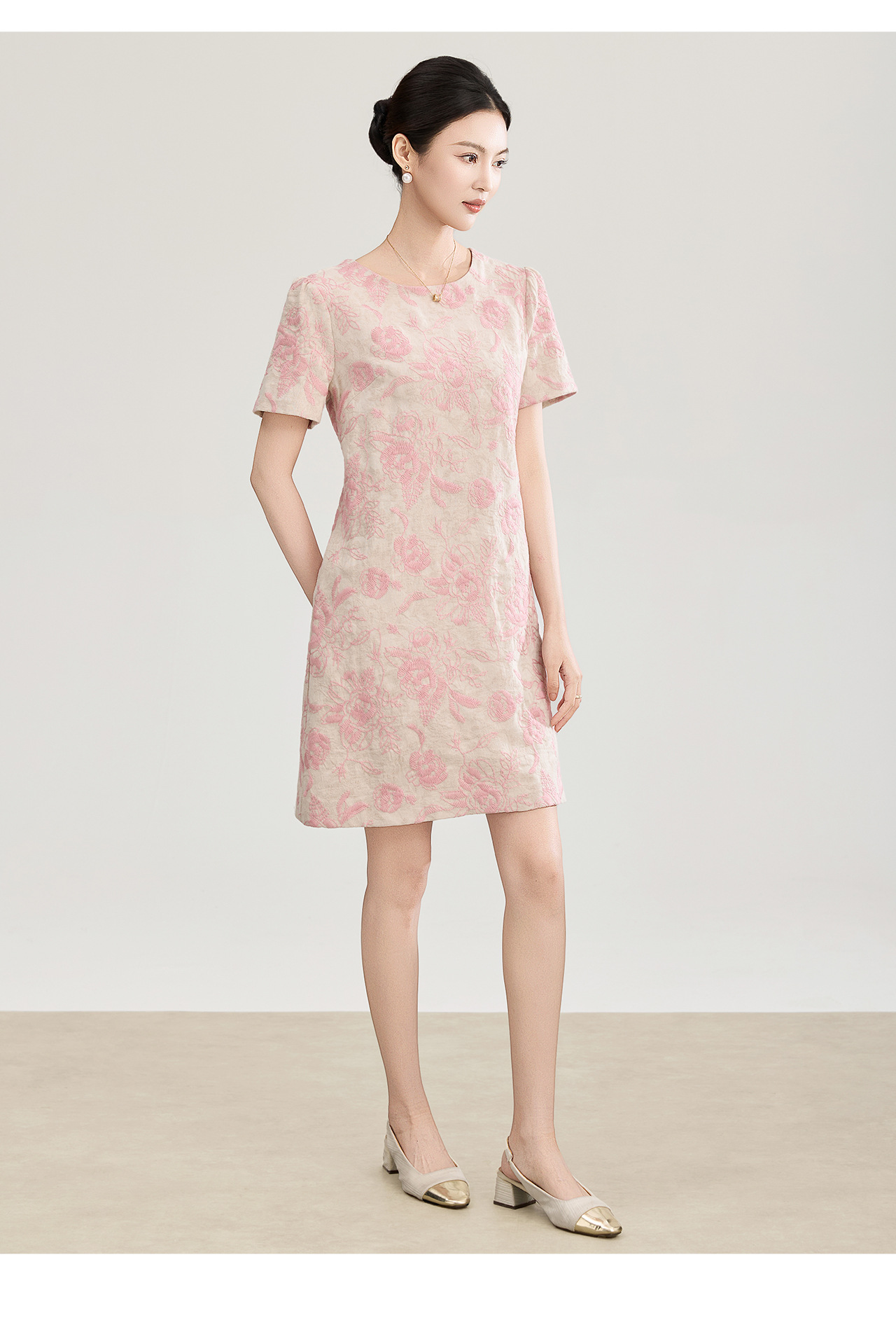 Đầm chữ A thêu jacquard tay ngắn mùa xuân hè — xanh lam chi tiết 14