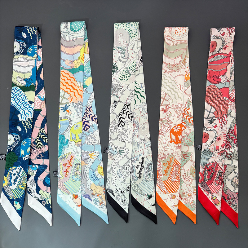 Spring New Retro Silk Scarf Versatile Printed Thin Narrow Long Ribbon for Tying Bags, Handles, Hair, and Small Neck Scarf