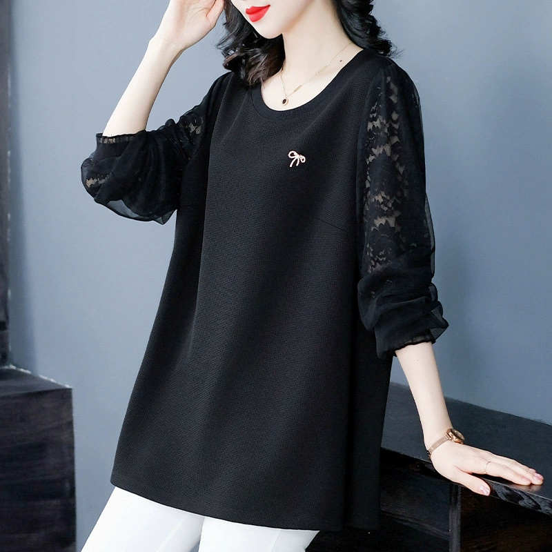 Осенний новый толстый MM большой размер свободный тонкий сетчатый кружево носить с длинными рукавами повседневная футболка с круглым вырезом свитера