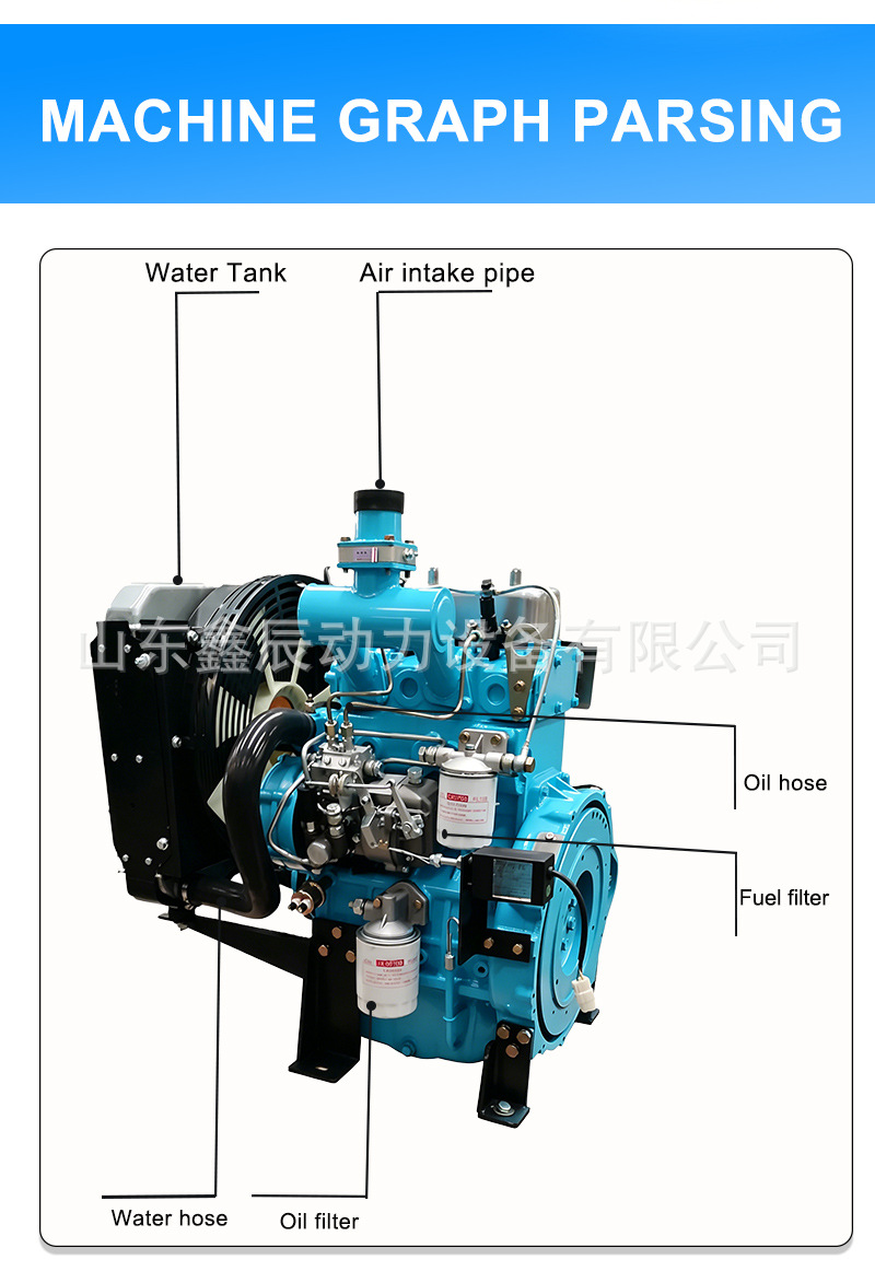 Dual-cylinder water-cooled 2100 diesel engine can be used to power generators, water pumps, crushing and modified vehicles, tractors, and mixing equipment