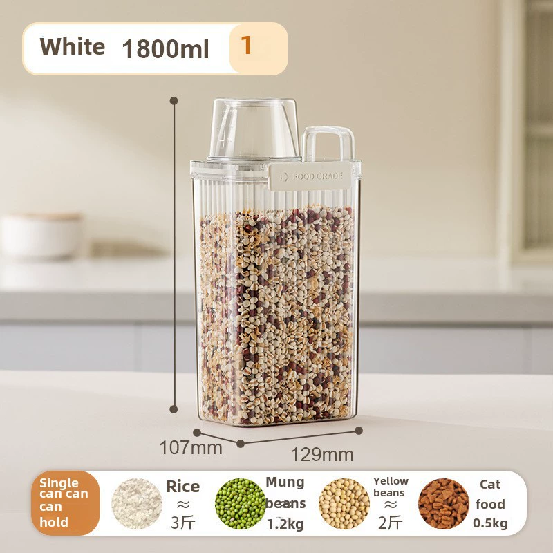 Sealed storage container, moisture‑ and pest‑proof, measuring‑cup lid, 1.3–1.8 L