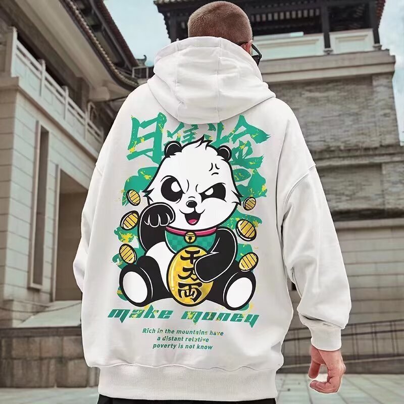 oversize Fashion Brand Panda fleece-lined National Fashion Zipper Hooded Cartoon Jacket Chinese Style plus size Sweatshirt for Men