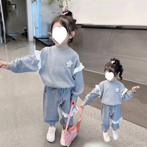 Girls Suit 2024 Spring and Autumn New Style Baby Girl Korean Suit Lace Flower Long Sleeve Casual Sweater Suit
