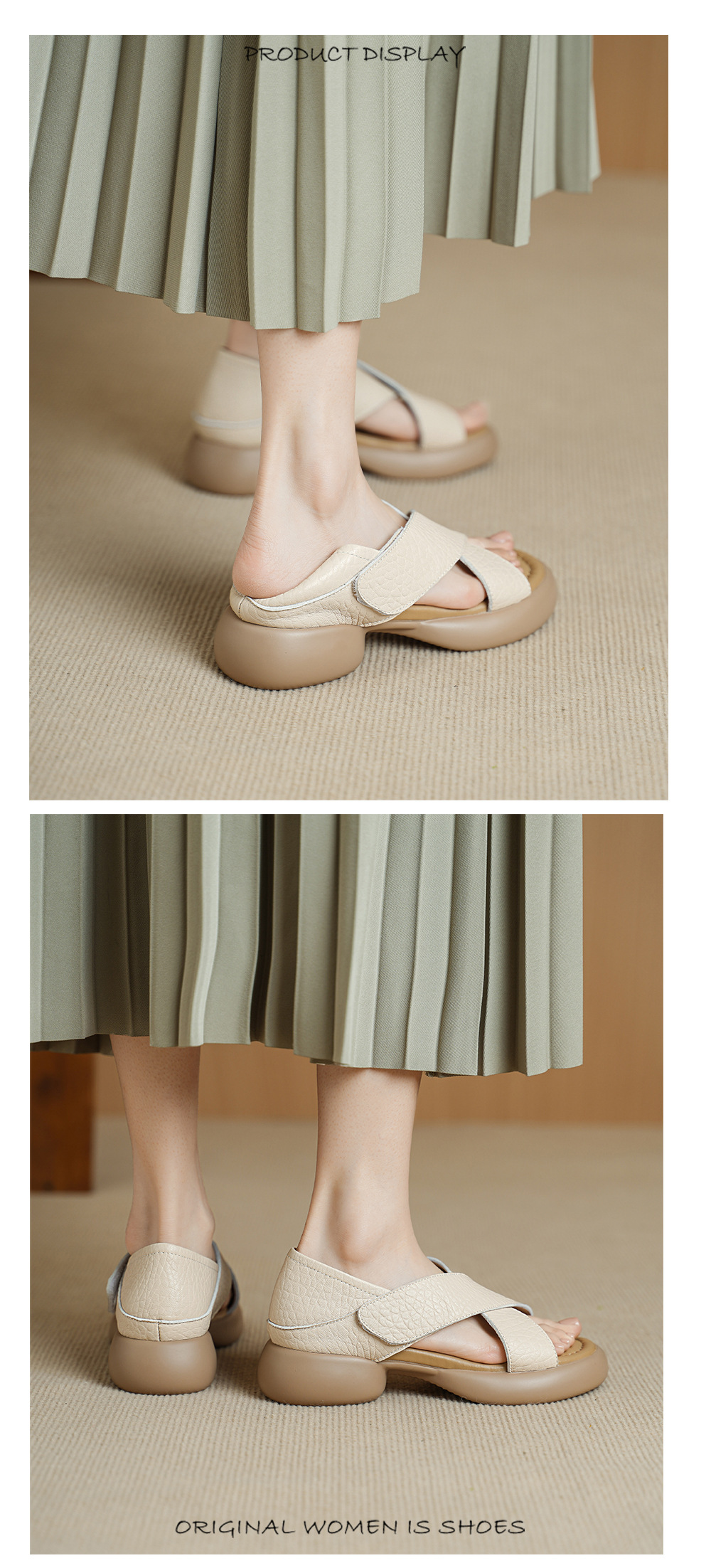 Sandal nữ hở mũi đế dày 4 cm da cừu quai ngang khóa — đen chi tiết 7