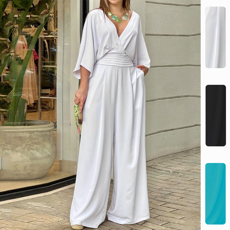 2026 Spring European and American Style Jumpsuit Women's Clothing, Fashionable Casual Simple Style Elegant V-Neck Loose Waist-Cinching Jumpsuit