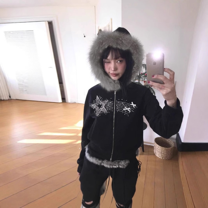 Harajuku Millennium Style Spice Girl Fur Collar Rhinestone Retro Autumn and Winter Women's Double-Head Zipper Jacket Slimming All-Match Hooded Sweatshirt