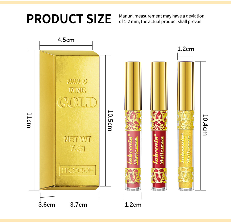 Cross-border lakerain Gold Lip gloss Matte non-Stick Cup Lip gloss Lipstick Three-piece set undefined
