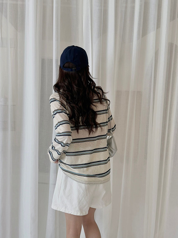 慵懒感秋季复古显白撞色领条纹防晒衫女垂感宽松显瘦休闲长袖t夏|undefined