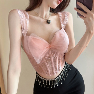 New Style Mesh Fish Bone Body Shaping Camisole Vest Women's Lace Bow Gauze Belt Chest Pad Slim-fit Anti-sagging Underwear for Women