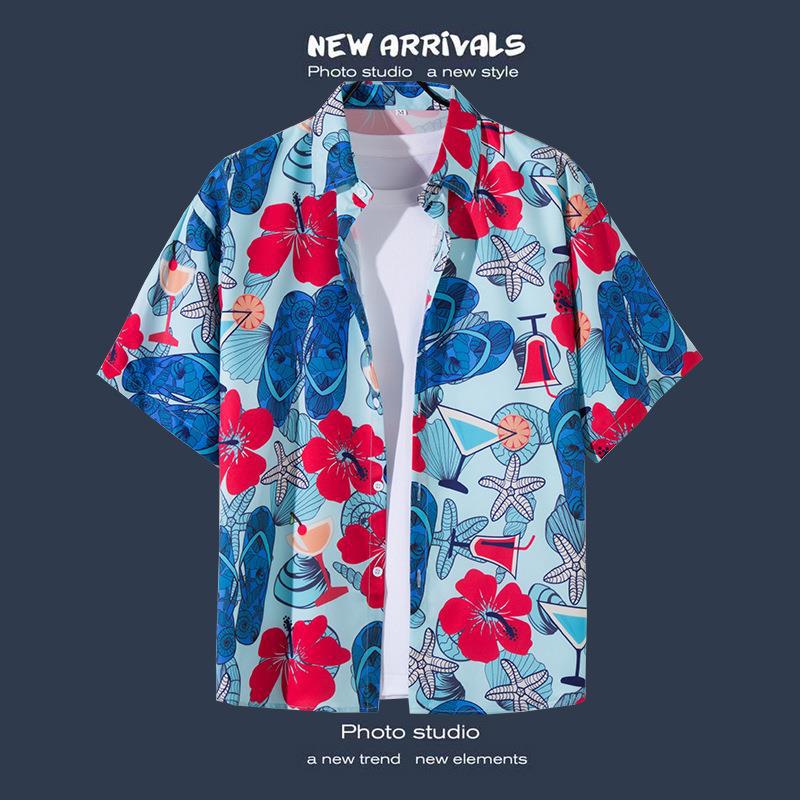 Camisas de manga corta estilo Hong Kong para hombres y mujeres, camisas florales de manga tres cuartos holgadas y delgadas de verano para playa hawaiana