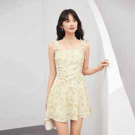夏季新款清新甜美吊带连衣裙浪漫蝴蝶结小个子碎花裙A字高腰短裙