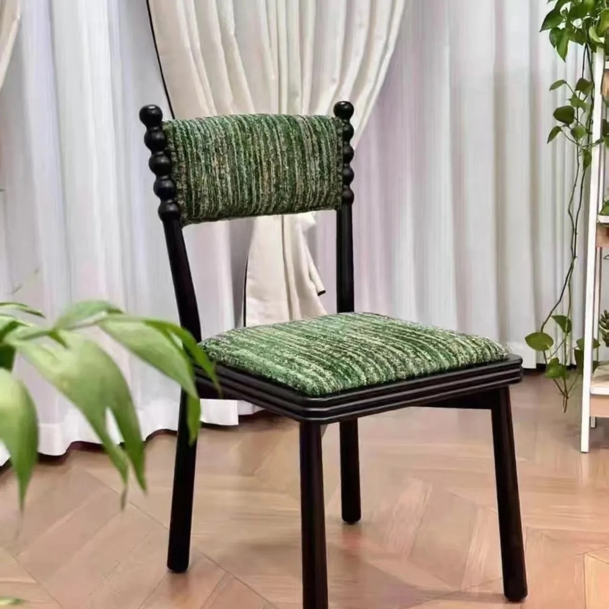 Wabi-Sabi Style Solid Wood Dining Chair Home French Retro Style Bedroom Fabric Dressing Chair Living Room Back Chair Dining Table Chair