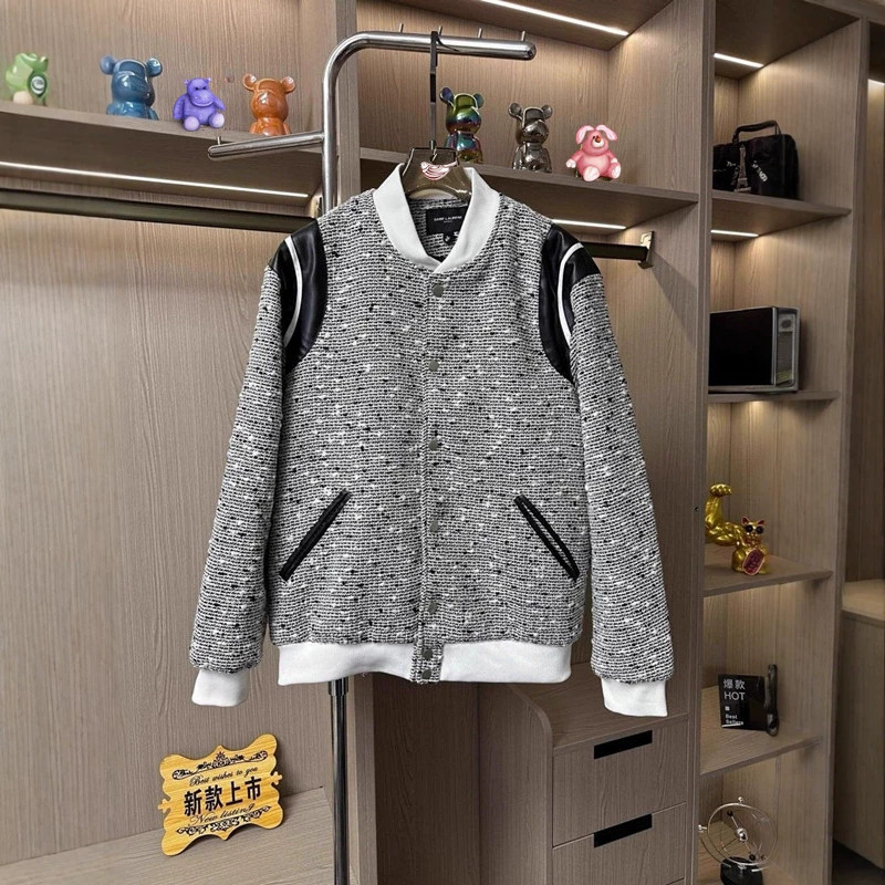 New autumn and winter design, sequin and silk patchwork jacket for men, trendy brand, loose-fitting, Chanel-style coat, casual baseball jacket New autumn and winter design, sequin and silk patchwork jacket for men, trendy brand, loose-fitting, Chanel-style coat, casual baseball jacket