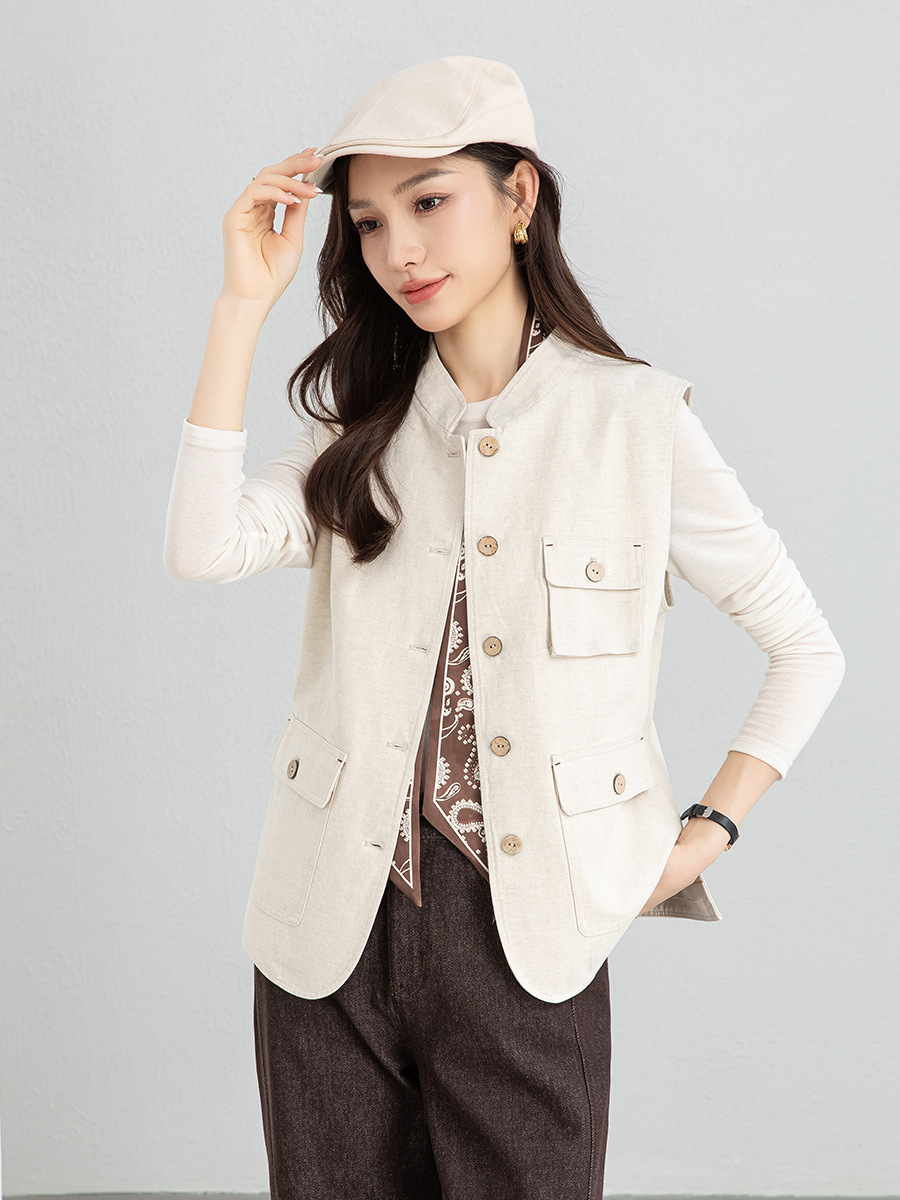 Áo gile nữ phong cách Nhật cổ điển chất liệu cotton pha lanh, dáng không tay, thiết kế layer độc đáo — màu sắc