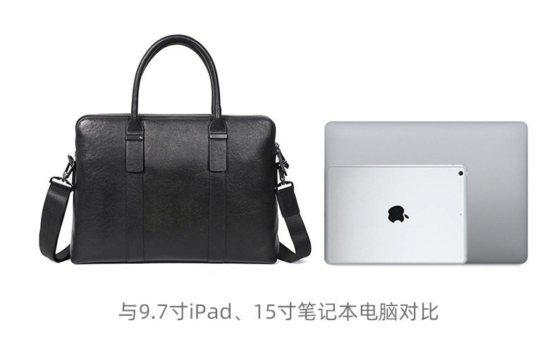 Túi xách tay nam công sở da bò thật hai ngăn khóa kéo, cặp mỏng đeo chéo một vai 39×7×29 cm — Màu đen chi tiết 10