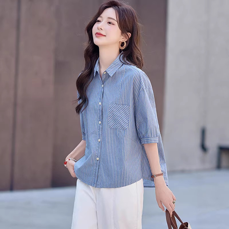 Blue Striped Short-Sleeved Shirt for Women, Summer Thin Casual Shirt, Korean Style Half-Sleeved Beautiful Cotton Polo Top Blue Striped Short-Sleeved Shirt for Women, Summer Thin Casual Shirt, Korean Style Half-Sleeved Beautiful Cotton Polo Top