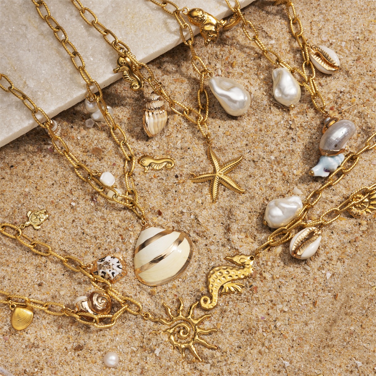 Taena acero inoxidable elemento marino colgante collar a juego acero inoxidable impermeable titanio acero natural concha collar de caballito de mar