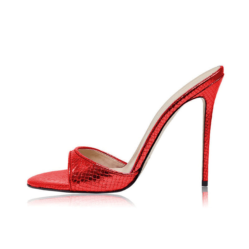 New round toe open toe stiletto heel yellow snake pattern slippers summer metal leather super high heel sexy flip flops Super plus size