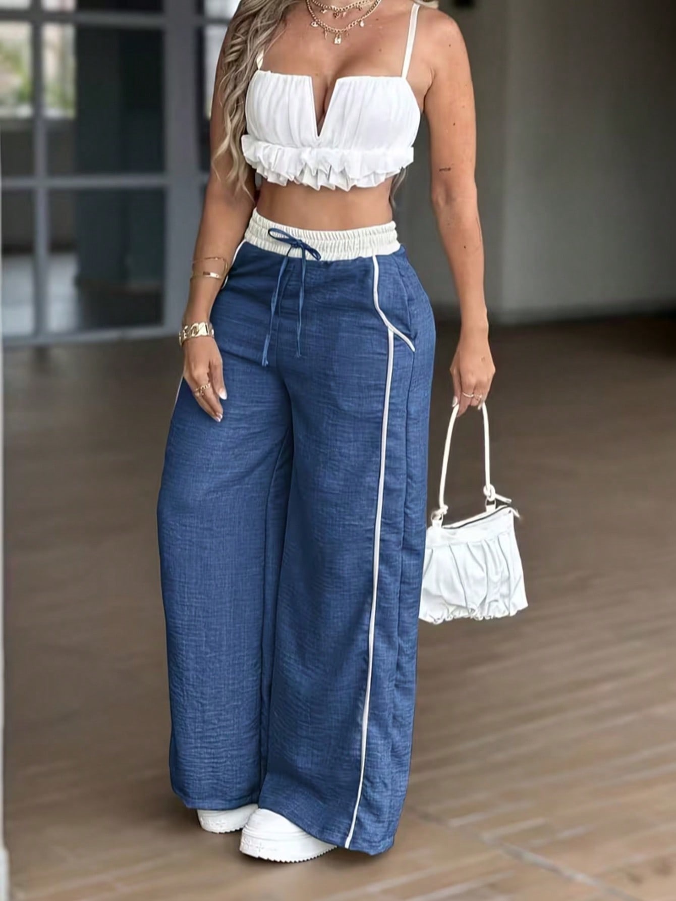 Inventario transfronterizo Y2K gris verde claro pulgada cintura alta pantalones de piernas anchas pantalones casuales sueltos primavera y verano