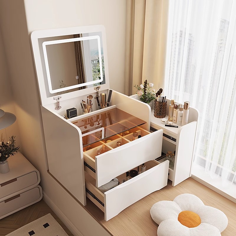 Bay Window Dressing Table Small Apartment Flip Cover Bedroom Nightstand with Lamp Cream Style Makeup Table Mini Household Storage Cabinet