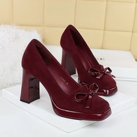 9987-H81 Korean version square toe waterproof platform high heels suede butterfly knot decoration women's shoes shallow mouth super high heels single shoes