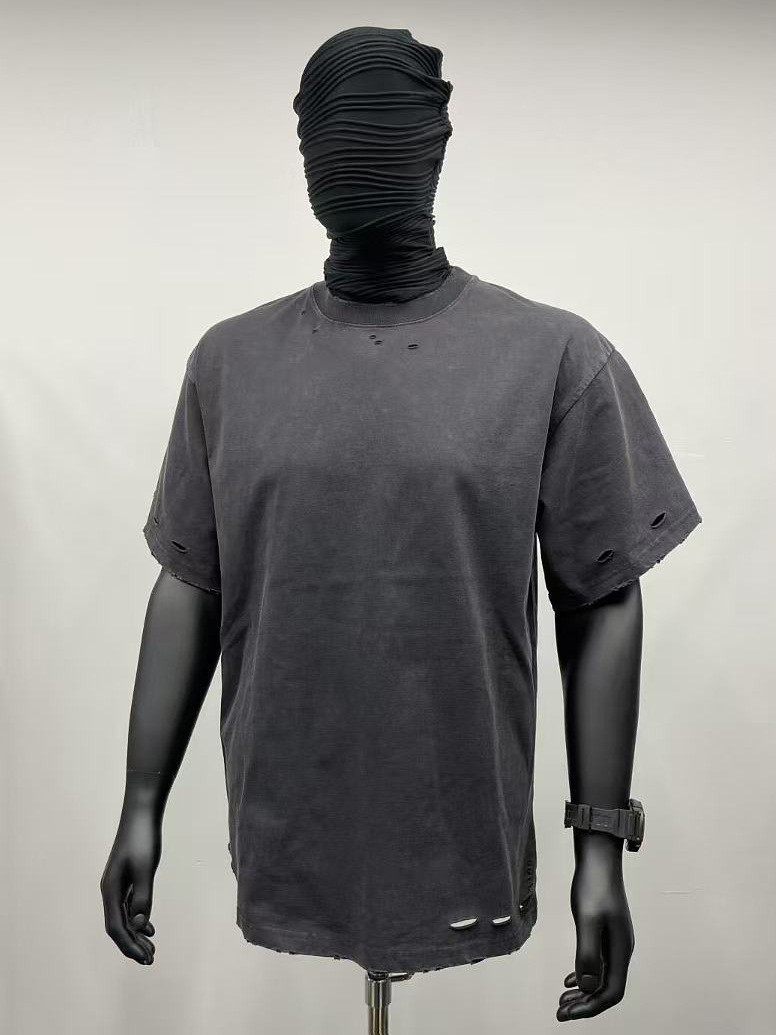 300G pesado americano desgastado cuello redondo caer hombro camiseta de manga corta marca de moda masculina oversize retro lavado con agua hacer viejos in