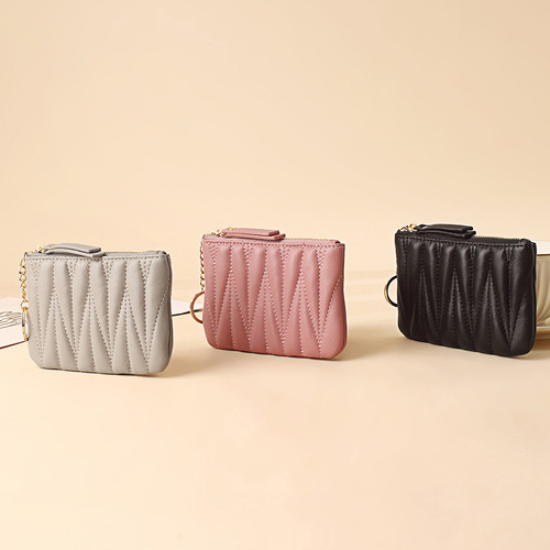 Fashionable sheepskin short small wallet ultra-thin plaid coin key storage coin bag zipper coin purse women's genuine leather