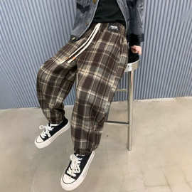 儿童休闲裤男女童秋季时髦复古格子抽绳松紧腰束脚长裤中大童裤子