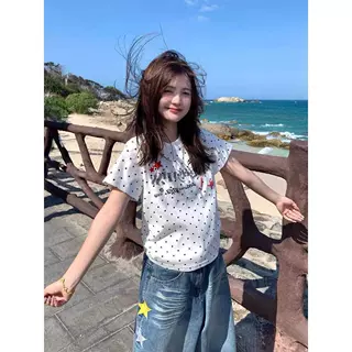 复古美式个性辣妹波点短袖t恤女chic多巴胺正肩修身设计感上衣潮