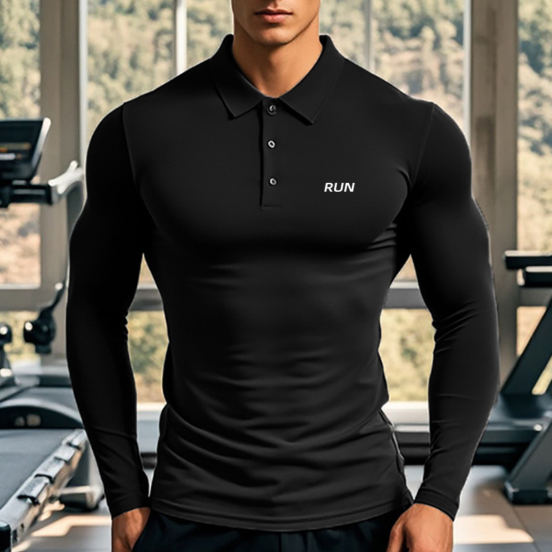 Spring and Autumn Fitness Long Sleeve Men's Chinese Style Henry Polo Lapel Shirt Sports T-Shirt Breathable Stretch Training Bottoming Top