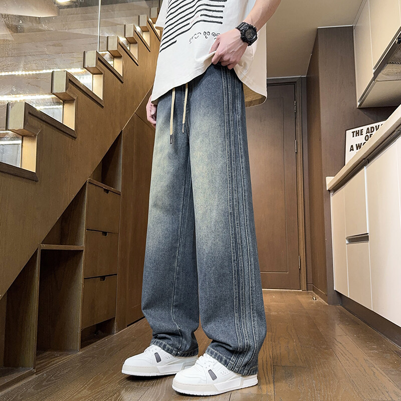 New Trendy Youth Men's Spring and Autumn Student Jeans, Loose Wide-Leg Pants, Straight-Leg Pants, Black