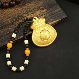 金色福袋双面转转手中有钱珠绳手把件聚福钱袋挂件礼品新中式装饰