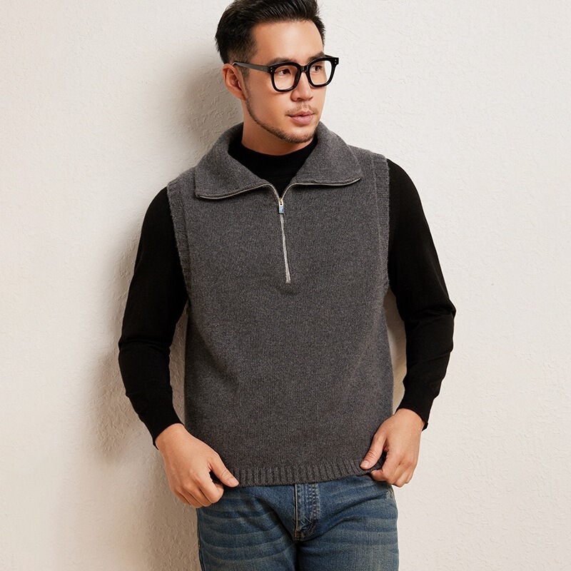 100% Pure Cashmere Men's Half-Zip Loose Casual Simple Versatile Stylish Vest Autumn and Winter New Knitwear