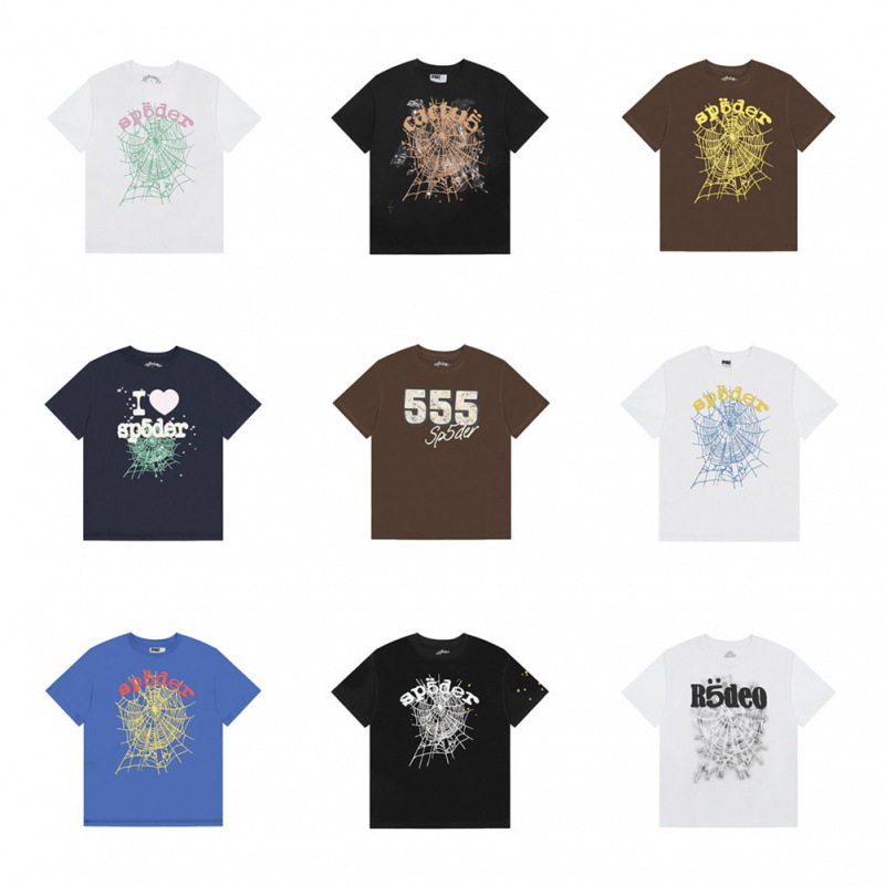 26S Cross-Border In-Stock European and American Trendy Brand Spider Web 555 Letter Print Short-Sleeve T-Shirt Unisex American High Street Style Half-Sleeve