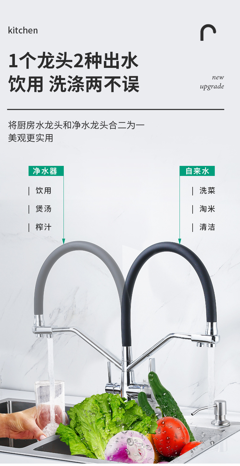 Three-in-one faucet, all-copper kitchen cold and hot dual-mode water purifier, direct drinking sink, washing basin, anti-splash gun, gray Specification drawing