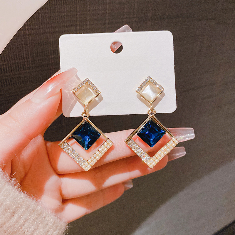 Fashionable blue geometric earrings with zircon