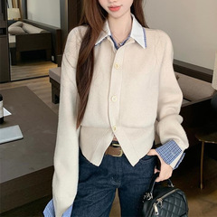 韩系假两件撞色POLO领针织开衫女装春季独特别致软糯内搭毛衣ins