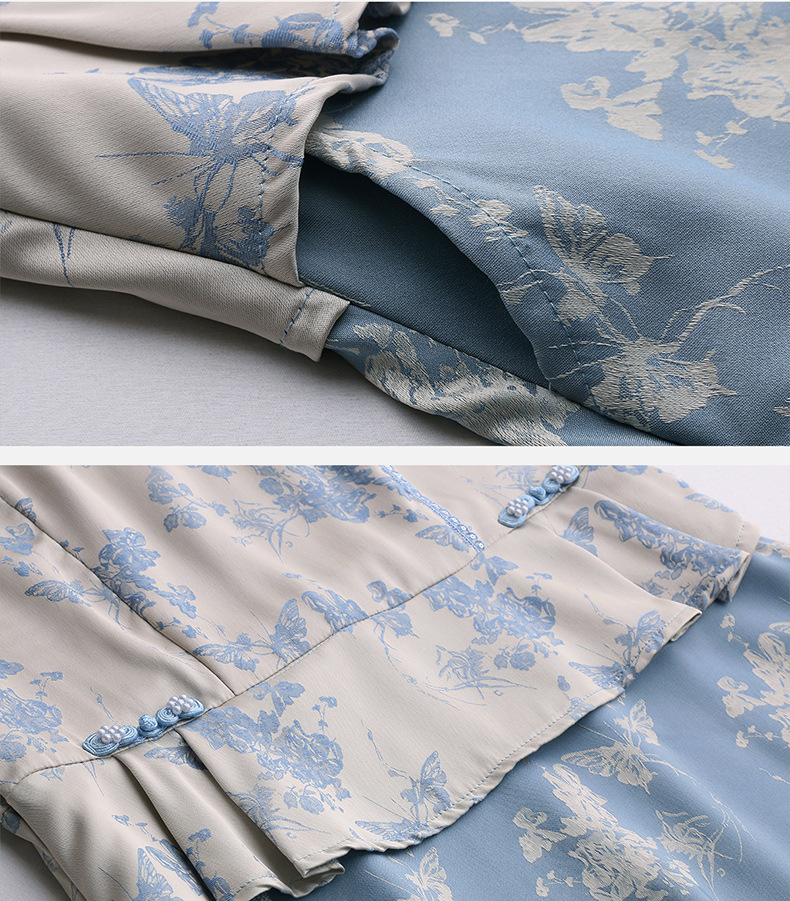 Đầm maxi nữ tân cổ điển cổ đứng đính hạt cườm, phối ren, họa tiết jacquard, thiết kế giả hai lớp LX2625 — xanh lam, Màu hồng chi tiết 28