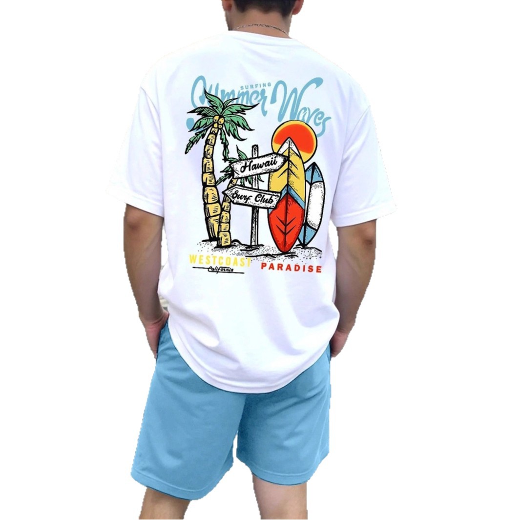 Men's Casual Style T-Shirt Short Sleeve Round Neck Street Style Printed Letter Breathable Summer Soft Set Los Angeles Theme_viptrois.com