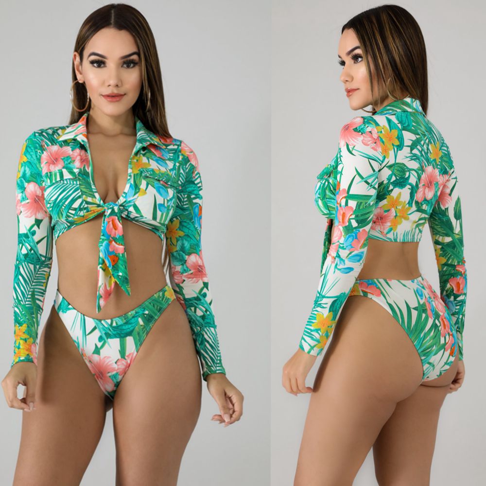 print long-sleeved lace up bikini NSHL38157