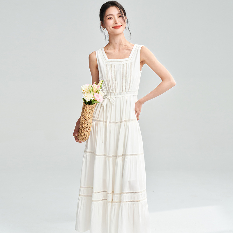 Summer New Style Exquisite Lace Splicing Design Waist-Cinching Long Princess Dress Fairy Dress White 18286